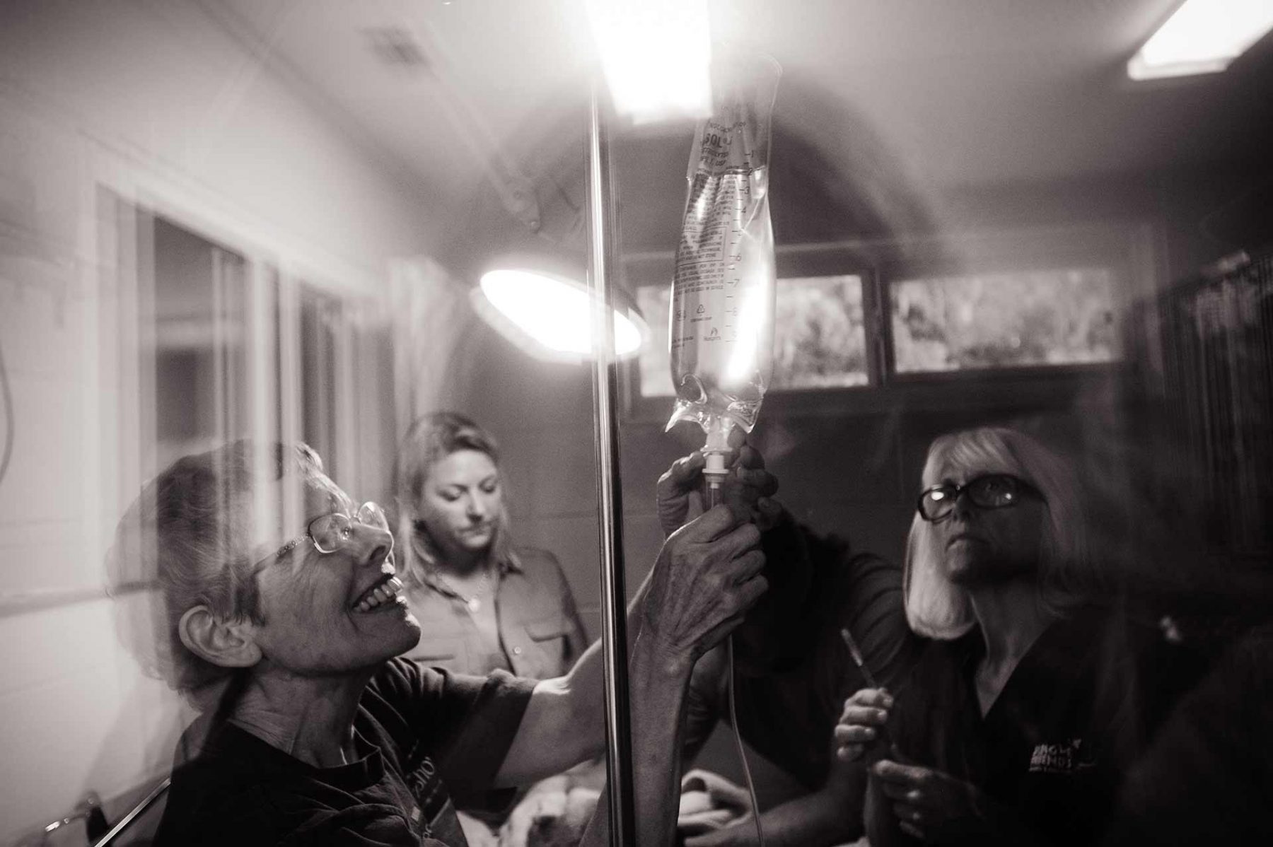 Jungle Friends Primate Sanctuary founder Kari Bagnall with members of her staff giving emergency care to Jersey, a capuchin monkey. USA, 2014